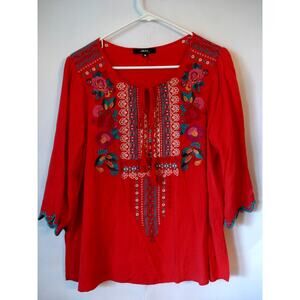 Andree' by Unit Womens Coral Intricate Embroidered 3/4 Sleeve Tunic Style Top L